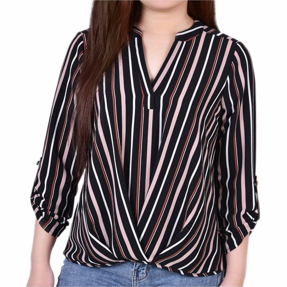 NY Collection 3/4 Sleeve Mandarin Collar Blouse Stripes Front Pleats Womens PM